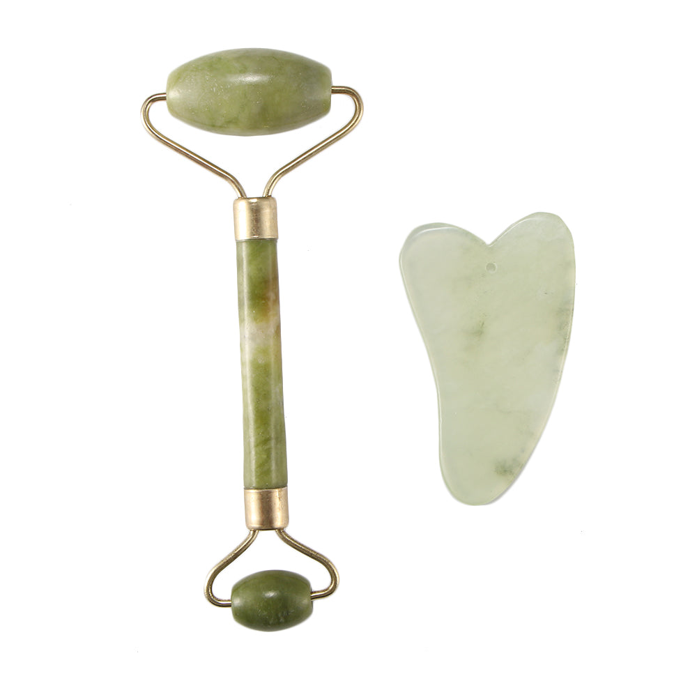 Natural jade facial massager kit with roller and gua sha