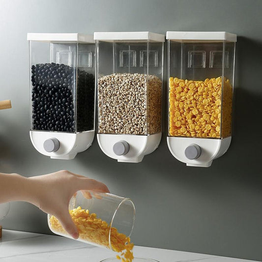 Space-saving wall-mounted jars for grains, spices, and pantry items