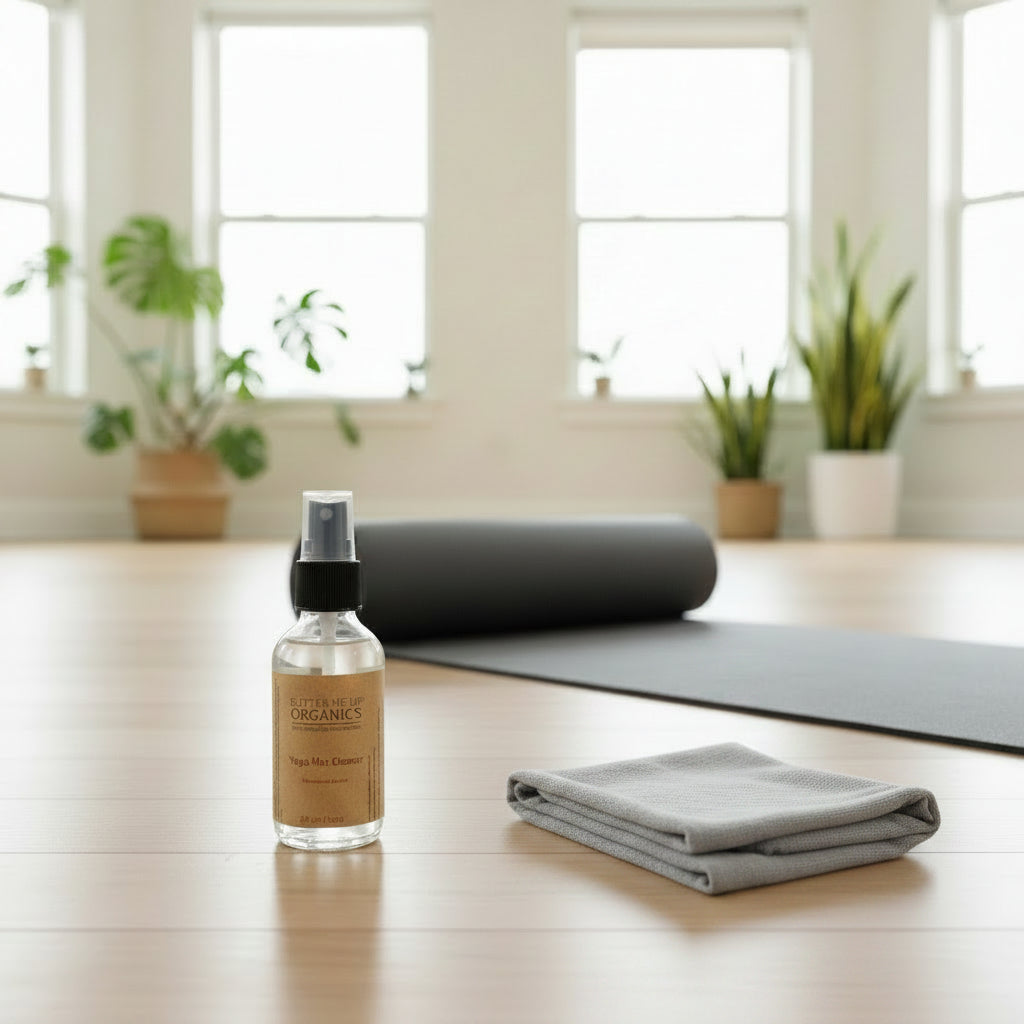 Organic yoga mat spray cleaner in eco-friendly bottle
