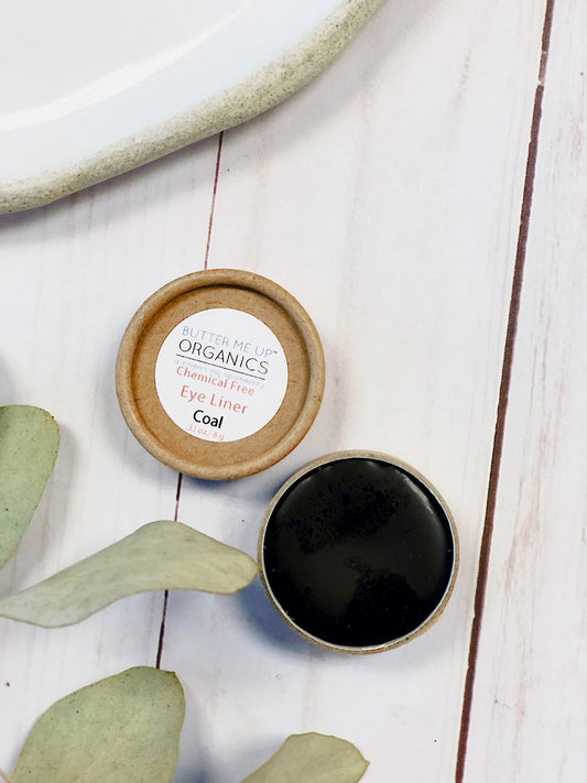 Organic eye coal eyeliner in glass jar


