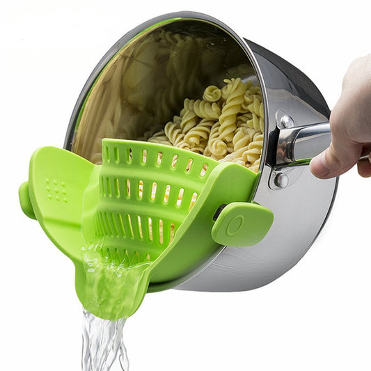 Silicone snap-on strainer for pots and pans
