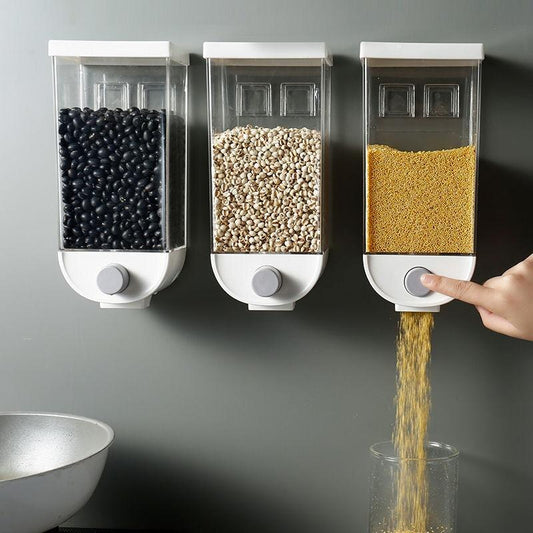 Wall-mounted multi-grain sealed jars for organized kitchen storage

